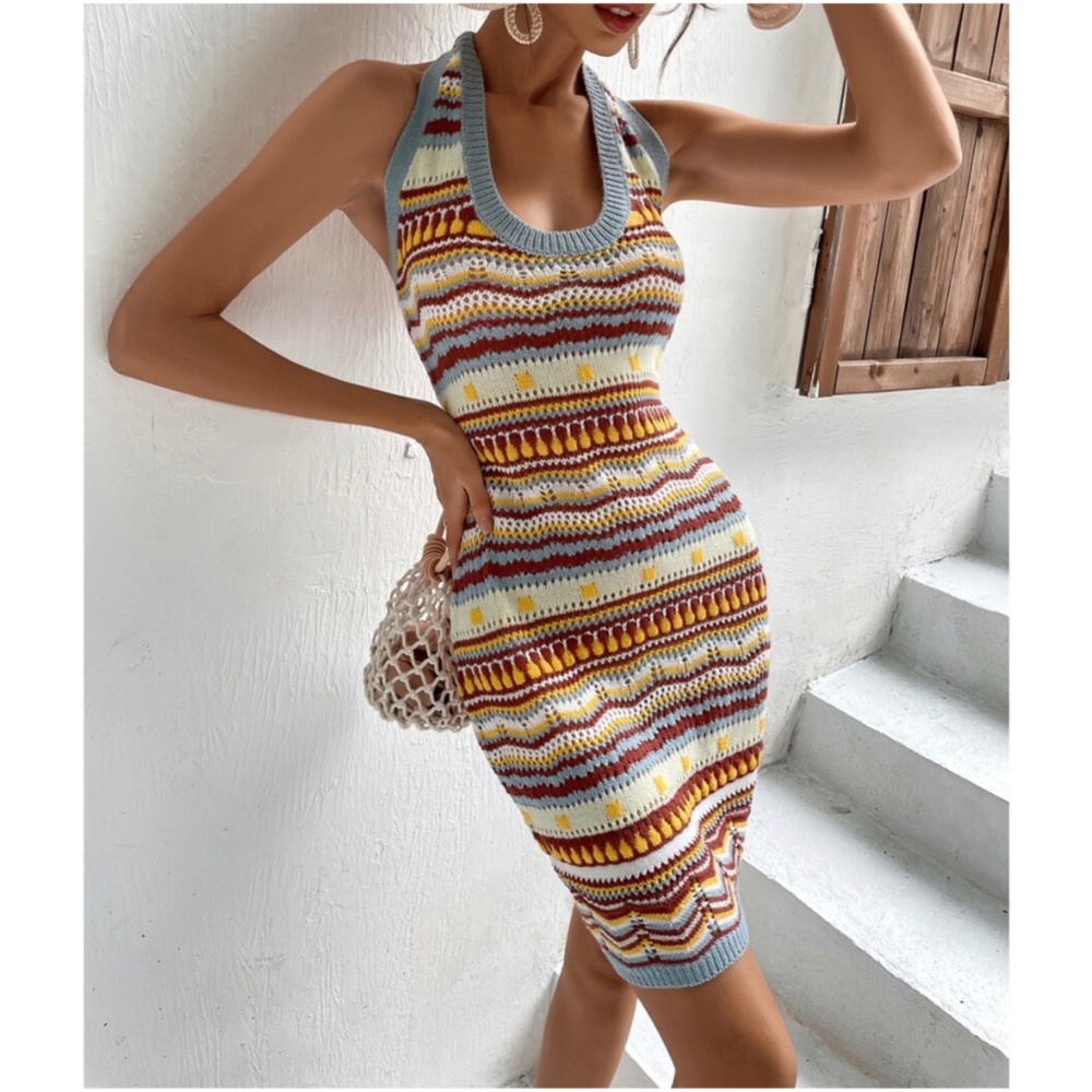 Boho Striped Color Block Knit Halter Fitted Dress - Picture 2 of 5